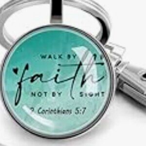 NWT Teal 2 Cor. 5:7 Walk By Faith,Not By Sight Keychain with Silver Accents